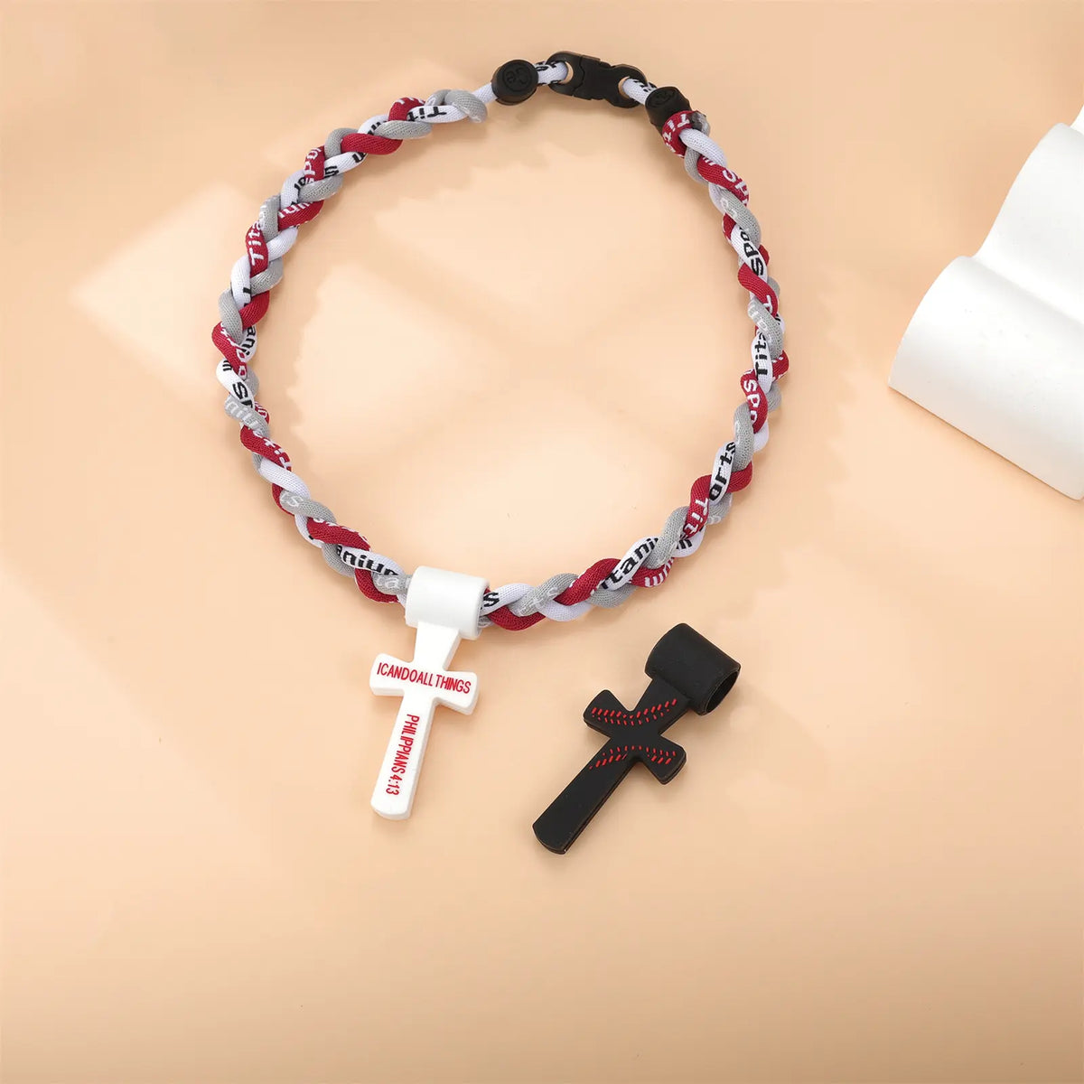 Baseball Necklaces for Boys 8-12, Triple Rope Tornado Sports Necklace with Cross Pendant, Soft Silicone & Rope Baseball Jewelry, Inspirational “I CAN DO ALL THINGS PHL4:13”, White, 18.11 in