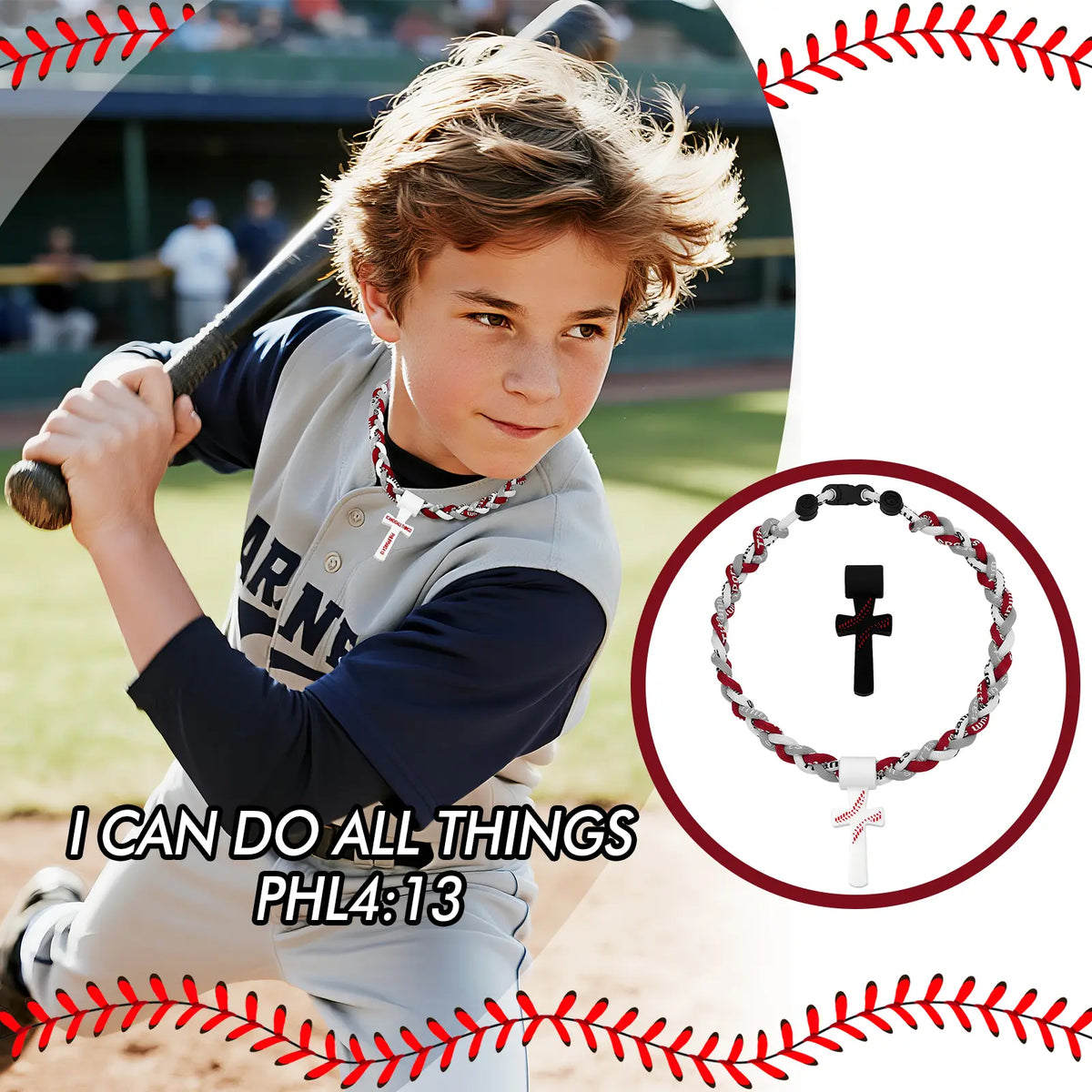 Baseball Necklaces for Boys 8-12, Triple Rope Tornado Sports Necklace with Cross Pendant, Soft Silicone & Rope Baseball Jewelry, Inspirational “I CAN DO ALL THINGS PHL4:13”, White, 18.11 in