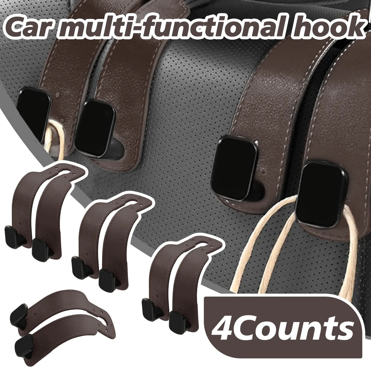 4 Counts Car Seat Headrest Hook, Improved Car Seat Back Double Hooks for Kids' Toys Hats Masks Sunglasses, Soft Gentle Faux Leather
